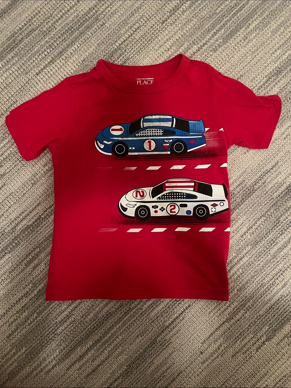 The Children's Place Red Tee with Blue and White Race Car Graphics